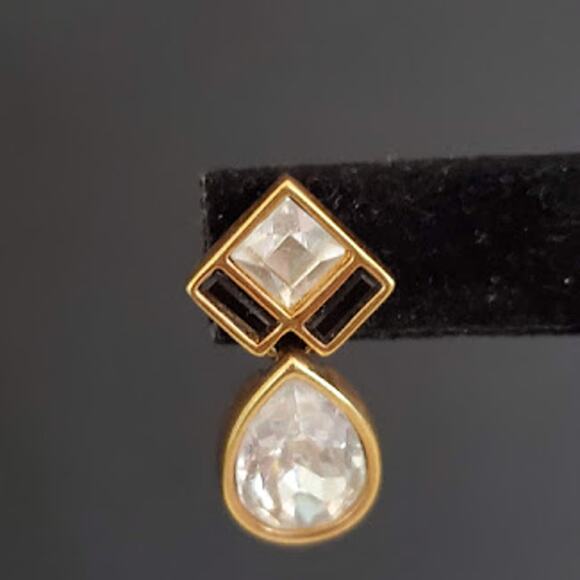 Swarovski Crystal Teardrop Earrings Gold‎ Plated Black Accents Bling Swan Signed - Picture 6 of 6